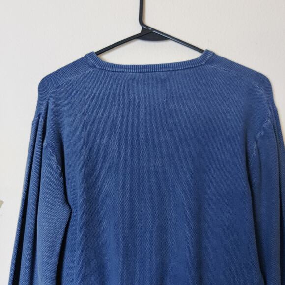 Color Siete Men's Textured Cotton V Neck Sweater Elbow Patches Blue Small - Picture 8 of 13